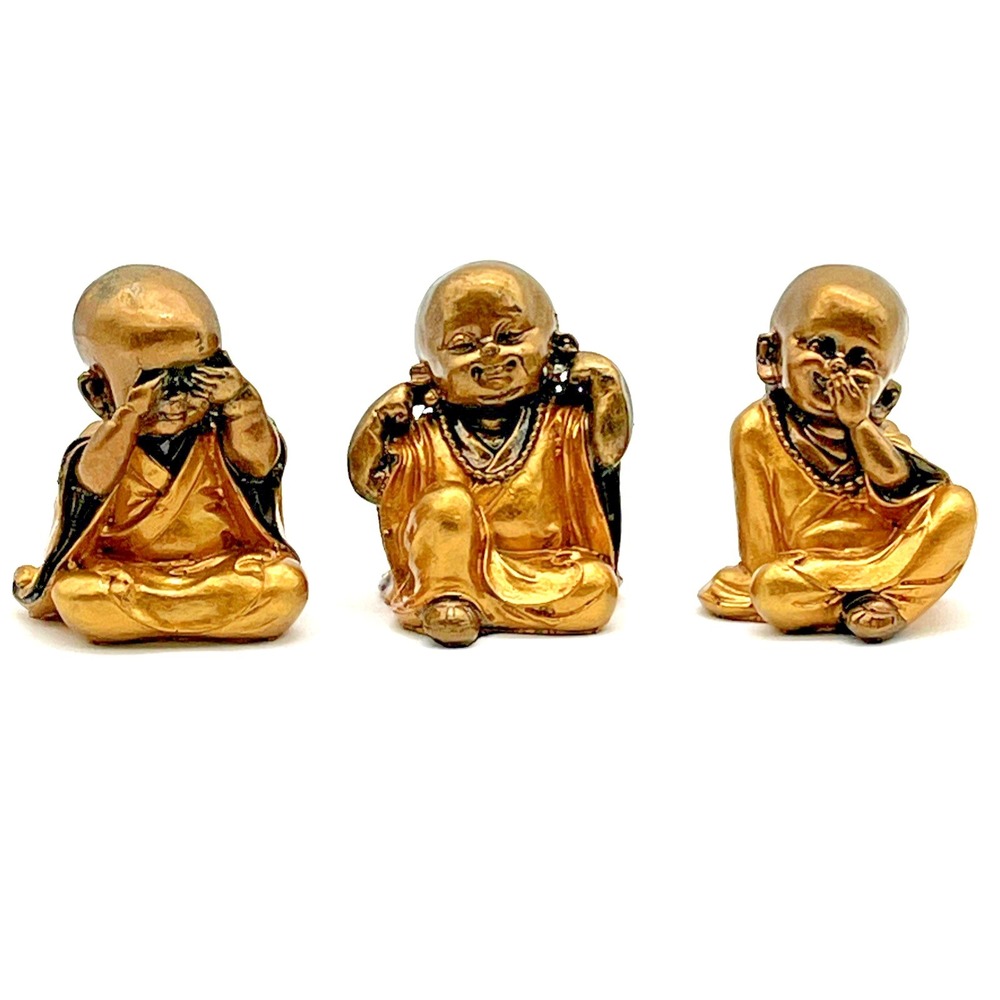 Set of 3 Baby Monk Figurines Hear See Speak No Evil Gold Resin Statues 3"